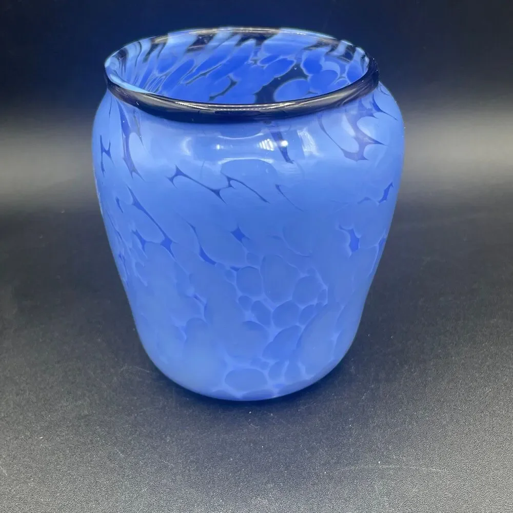 Vintage Blue Mottled Art Glass Tumbler Vase Set Hand Blown Rough Pontil Mark MCM